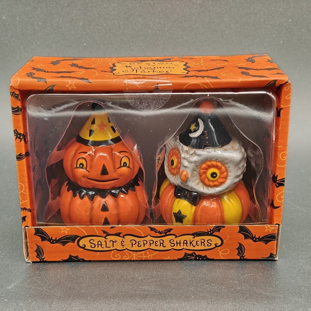Johanna Parker Halloween Pumpkin Owl Salt & Pepper Shakers Ceramic Set NEW